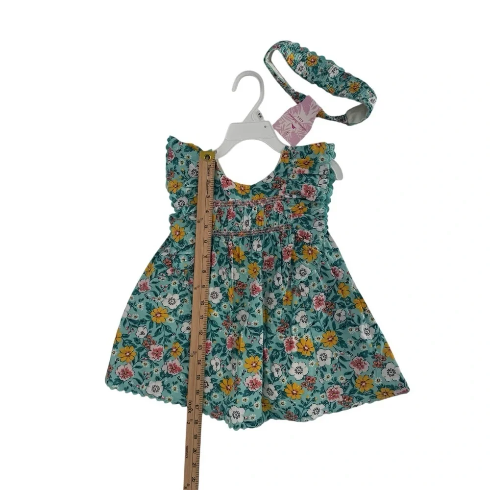 NWT Tommy Bahama Teal Blue Yellow Floral Scallop Flowy Dress & Headband 18 Month